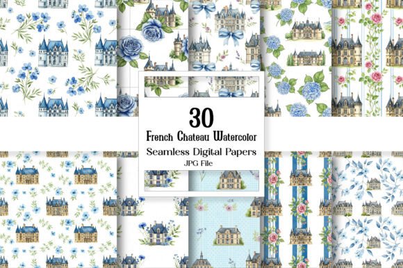 French Chateau Watercolor Digital Paper: Timeless Elegance